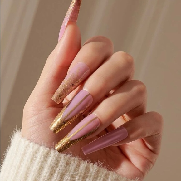 Pink Glitter Press On Gel Coffin Nails - Picture 1 of 12